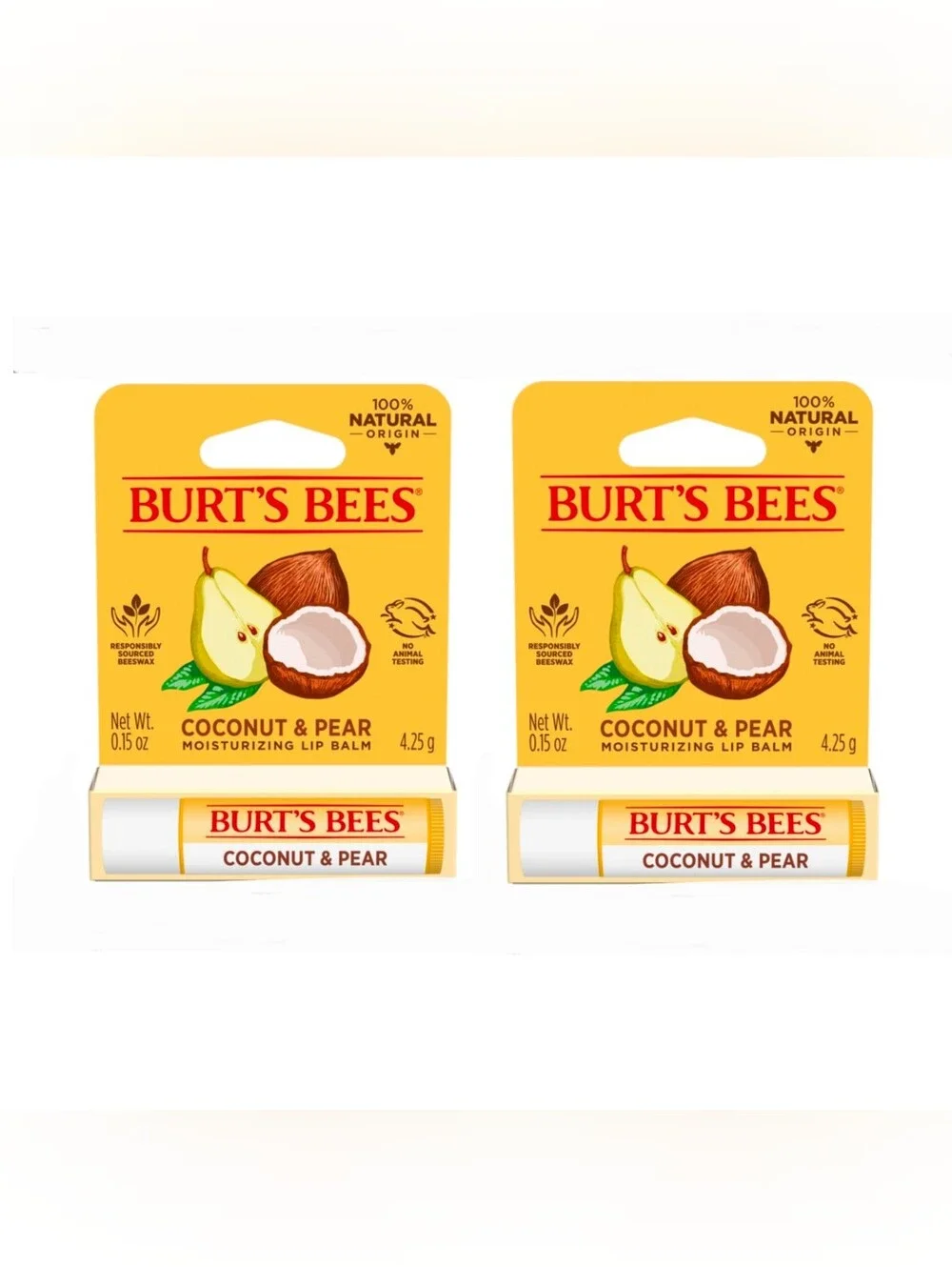 2 x Burt's Bees Coconut & Pear Moisturizing Lip Balm - 0.15oz BNIB